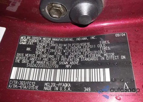 2005 Toyota Sienna Xle/Xle Limited z USA, uszkodzony, nr VIN 5TDZA22C65S227799